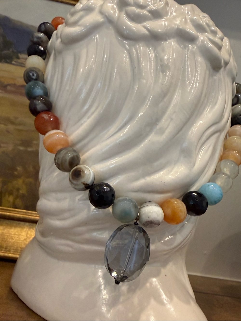 Multi-Color Beaded Gemstone Necklace with Faceted Pendant - Picture 5 of 5